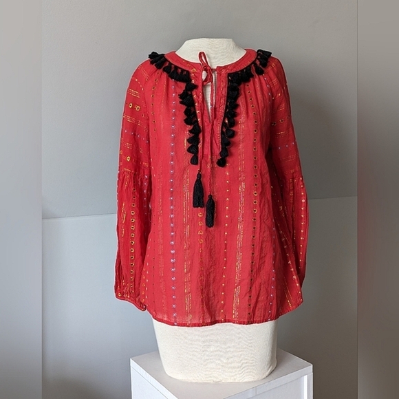 Belle Vere for Anthropologie Tasseled Boho Long Sleeve Blouse - Picture 8 of 11